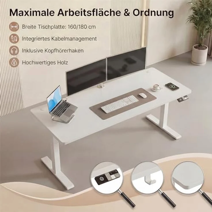 Devoko Höhenverstellbarer Schreibtisch 180x80 cm elektrisch, Höhenverstellung 63-128 cm mit Smart Control, 125 kg Tragkraft, für gesundes Arbeiten – Bild 7