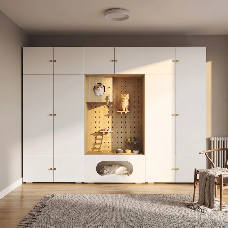 Wohnora-Kleiderschrank, Garderoben-Set Garderobe, Haustierschrank, 270 x 50 x 200 cm, mit 1 Kleiderstange und Katzenkletterwand, für Schlafzimmer, Wohnzimmer und Flur, Weiß+Holzoptik,H 200cm x T 270cm x B 50cm