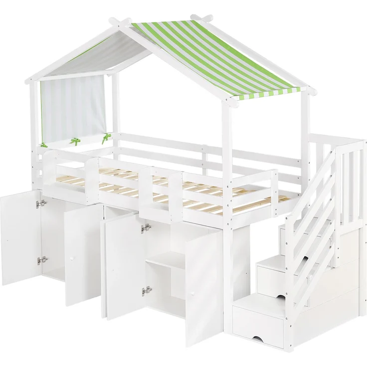 Merax Etagenbett, Kinderbett 90x200cm, mit Fallschutzgitter, 1 Kleiderschrank und 2 Schließfächer, mit 3 Schließfächer in der Treppe, gestreifter Stoff, Kiefer+MDF+Sperrholz, Weiß+Grün – Bild 8