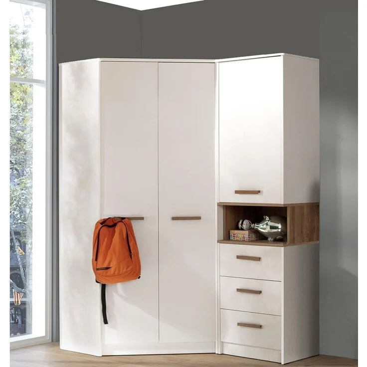 Marmex Möbel Grant 08N Eckkleiderschrank mit Kleiderstangen und Einlegeböden, laminierte Spanplatte, weiß, 91x195x91 cm – Bild 8