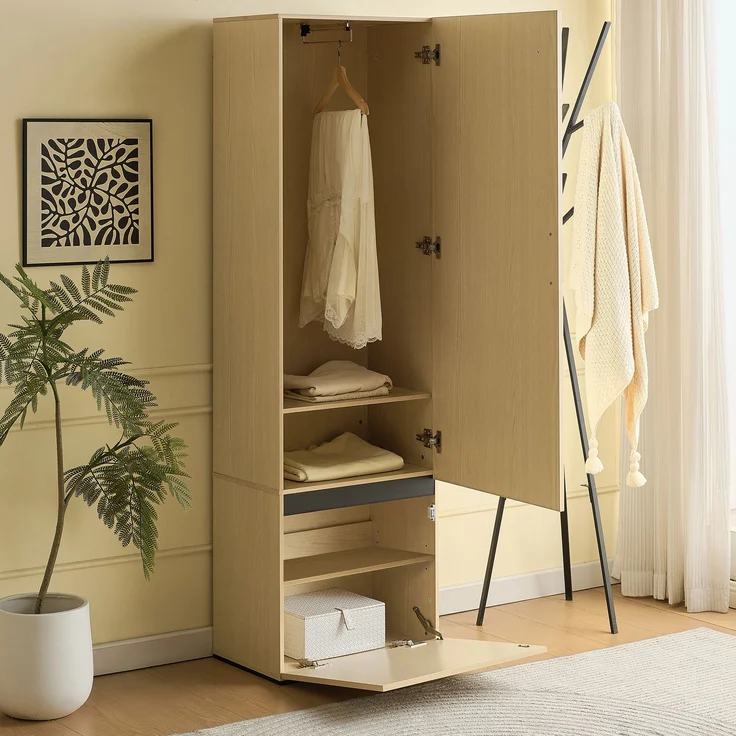 Schmaler Garderobenschrank mit Spiegel und ausziehbarer Kleiderstange – Moderner Flurschrank, platzsparender Garderobenschrank für Flur, Schlafzimmer und Wohnung.[OLD SKU: GL3812N]--Holz--54x34.5x179.5cm--YOUDENOVA – Bild 6