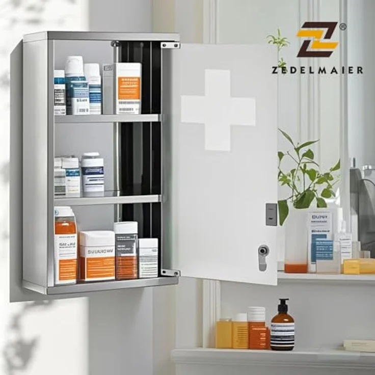 Zedelmaier Medizinschrank aus Edelstahl,Medikamenten Aufbewahrung,Medikamentenschrank 3 Fächer,Apothekerschrank,Medizinschrank hängend,Abschließbarer Medizinschrank,48 x 27 x 12 cm,Silber – Bild 5