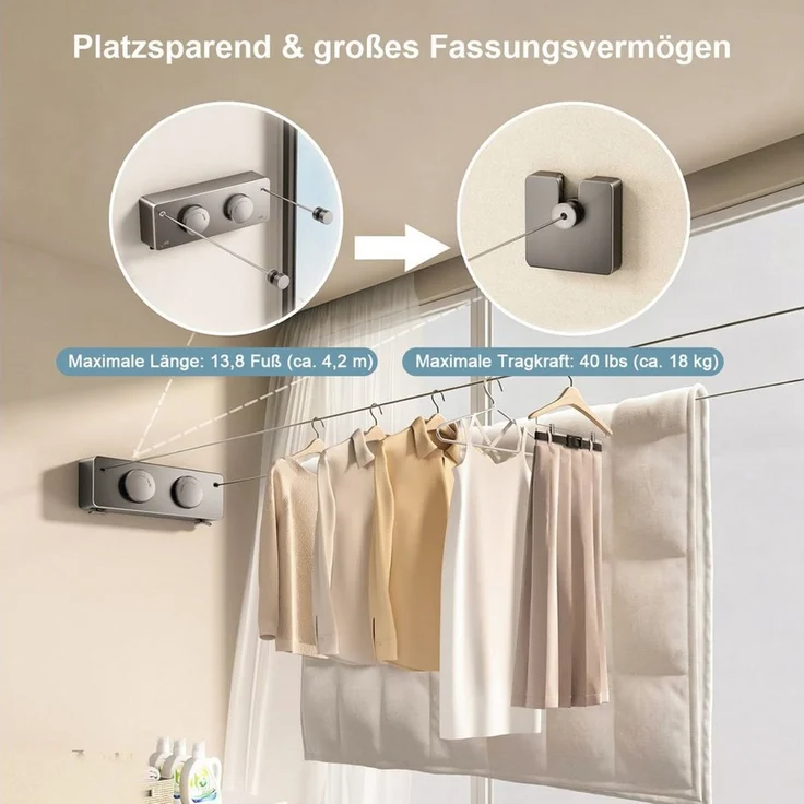 AIMAX Wand-Wäscheleine Wäscheleine Ausziehbar ohne Bohren Wandmontage Balkon 4.2m Edelstahl, Durchhängfrei Wäscheleine Einziehbare für Badezimmer, Waschküche Hotel – Bild 4