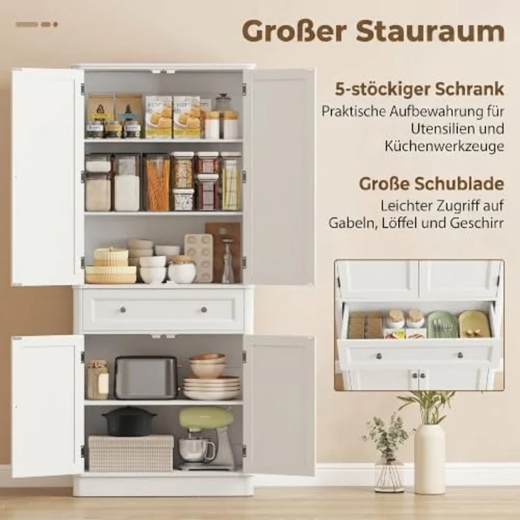 HOMCOM Hochschrank Buffetschrank mit 4 Türen, Schublade, verstellbaren Einlegeböden (Küchenschrank, 1-St, Vorratsschrank) für Küche, Esszimmer, Wohnzimmer Weiß, 80 x 39,5 x 186,4 cm – Bild 4