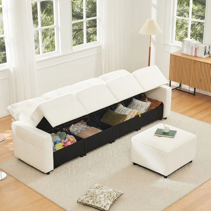 Merax 280cm Großes Sofa, 4-Sitzer Corduroy Sofa, mit Stauraum unter den Sitzflächen, inklusive eines frei platzierbaren Hockers, Beige – Bild 2