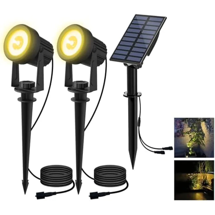 T-SUN Solar Gartenleuchte, 2 Stück Solarstrahler LED, IP65 wasserdicht, 2 Helligkeitsstufen, 3 Meter Kabel, Auto-on/off, 3000K Warmweiß