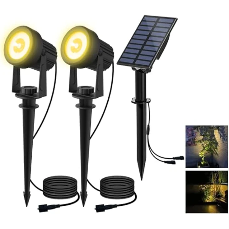 T-SUN Solar Gartenleuchte, 2 Stück Solarstrahler LED, IP65 wasserdicht, 2 Helligkeitsstufen, 3 Meter Kabel, Auto-on/off, 3000K Warmweiß – Bild 1