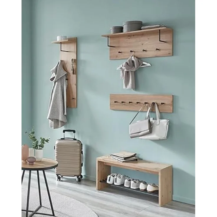 XXXL Garderobenpaneel, Schwarz und Eiche, mit 5 Haken und Hutablage, 30x100x20 cm, Wandgarderobe – Bild 7