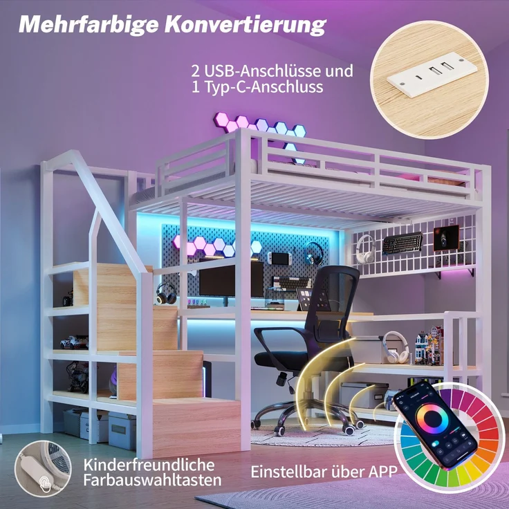 Hochbett mit RGB LED-Streifen, Schreibtisch, Treppe, Regal, Wandgitter, USB, Type-C, 140x200cm, Kinderbett, Metallbett – Bild 4