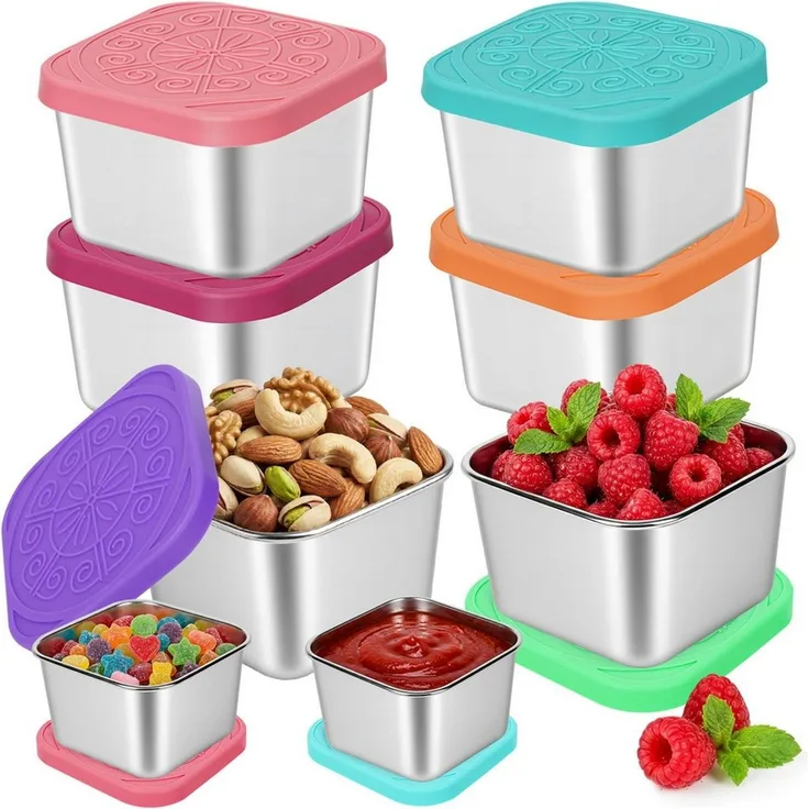 OSTWOLKE Aufbewahrungsdose Kleine Dosen mit Deckel Salat Dressing Container Edelstahl Snack Box (8 St), Auslaufsichere Mini Snackboxen, Joghurtbecher to Go, Klein Metalldosen