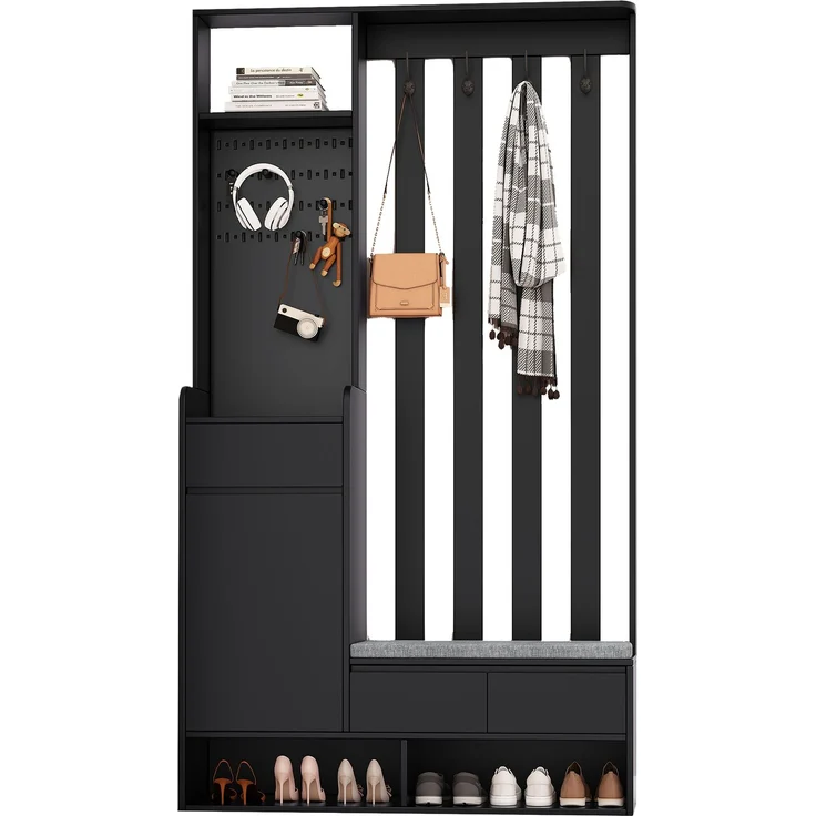 Merax 180cm Flurgarderobe, mit gepolsterter Aufbewahrungsbank, multifunktionaler Flur-Schuhschrank mit Stecktafel, moderne Garderobe mit 4 Haken, Schwarz – Bild 10