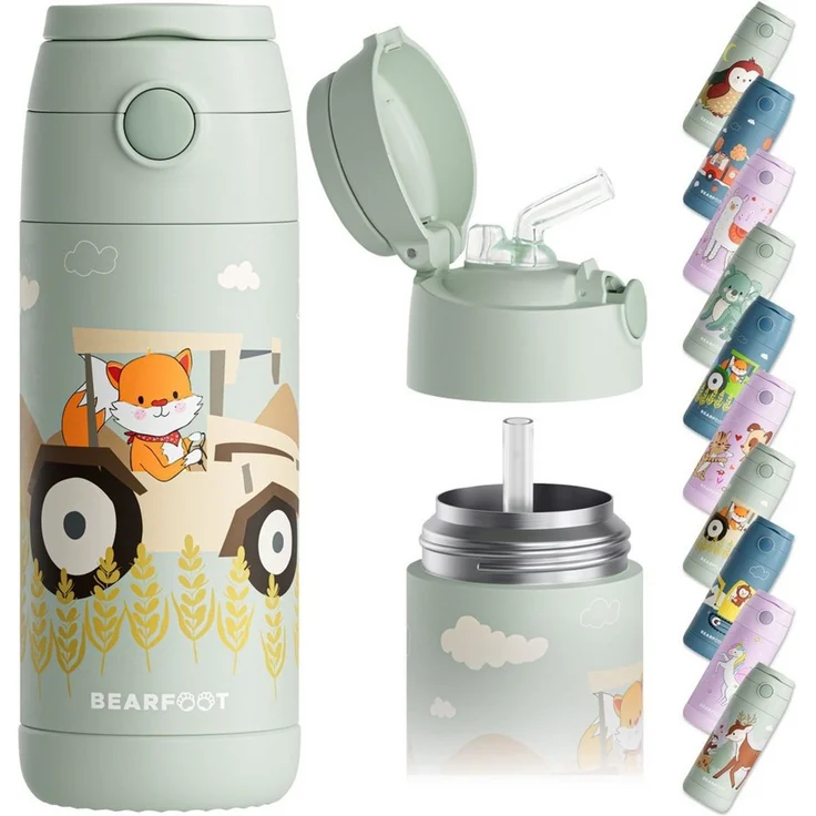 BEARFOOT Trinkflasche Thermo Kinder Trinkflasche Edelstahl - Traktor grün, Thermosflasche, auslaufsicher, Edelstahl, Kinderflasche, BPA-frei – Bild 1