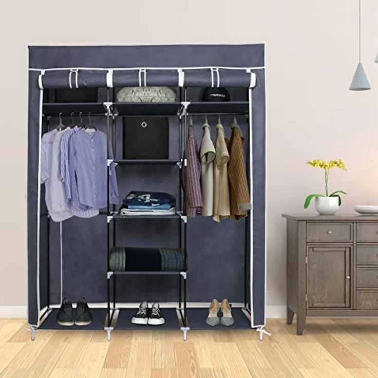 Mondeer Stoffschrank für Schlafzimmer, Kleiderschrank, zusammenklappbar, mit sechs Reißverschlüssen und DREI Türen, schneller Zugriff, 175 x 150 x 45 cm, großes Stauraum, Grau – Bild 4