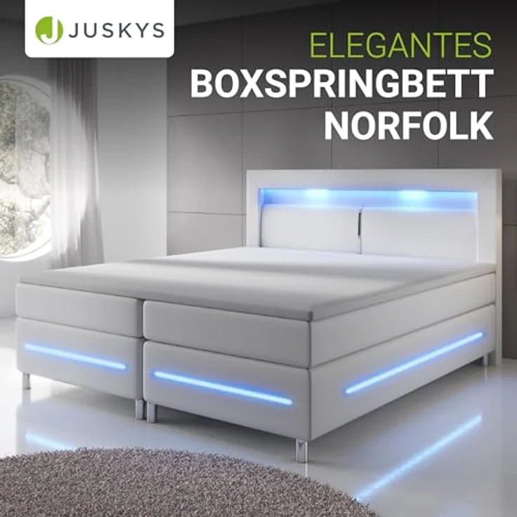 Juskys Norfolk Boxbett, Weiß, 200x200 cm, mit LED-Beleuchtung, zwei Bonell Federkernmatratzen und Topper, ideales Doppelbett für angenehmen Schlaf – Bild 3