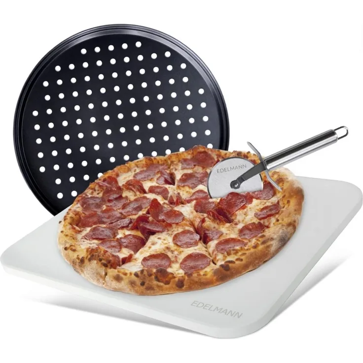 Edelmann Pizzastein Backofen & Gasgrill 3er Set + Pizzablech + Pizzaschneider