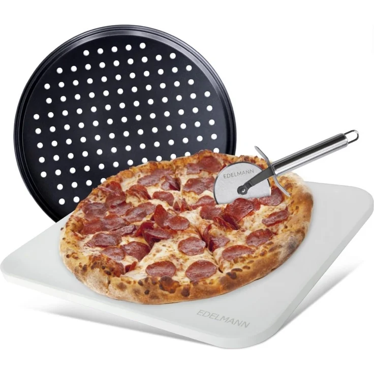Edelmann Pizzastein Backofen & Gasgrill 3er Set + Pizzablech + Pizzaschneider