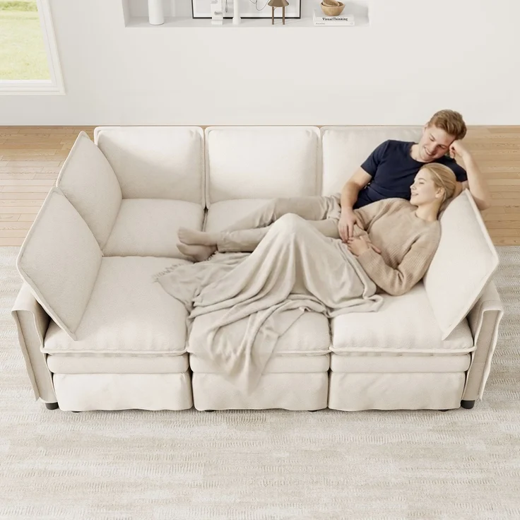 ZUBALIYA Wohnlandschaft 127x91 cm, mit Chenille - Bezug, mit Samtbezug, mit breiten Armlehnen, modular aufgebaut, Beige – Bild 2