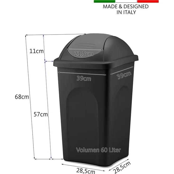 BigDean Mülleimer groß 60L - schwarz - mit Schwingdeckel gelb - aus Kunststoff - Müllsammler Abfalleimer Mülltonne Abfallbehälter - Made in Italy – Bild 4