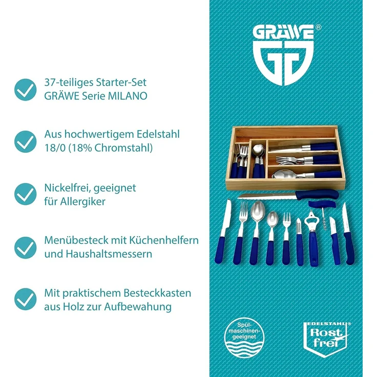 37-teiliges Starter-Set mit blauen Griffen, Serie MILANO – Bild 2