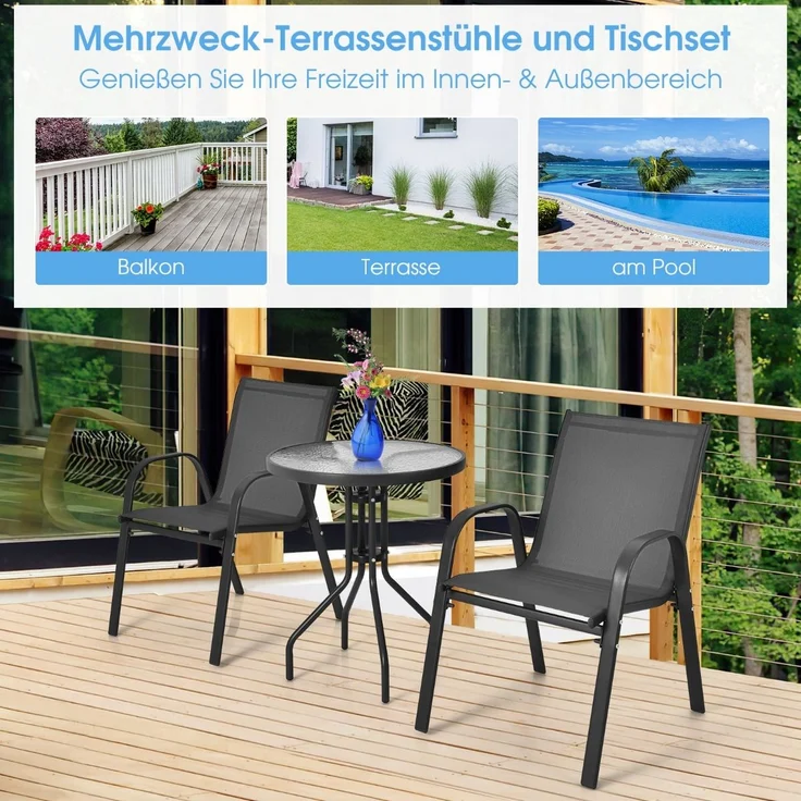 3tlg. Balkonmöbel Set Bistrotisch mit 2 Stapelbare Stühlen Balkonset Gartenset Gartengarnitur – Bild 5