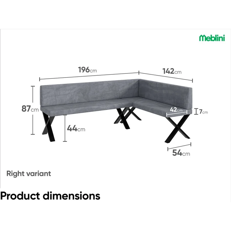 MEBLINI Eckbank für Esszimmer - Küchenbank - Essecke - Sitzecke Küche - TONI - X-Beine 142x196x87cm Rechts - Grau Samt – Bild 7