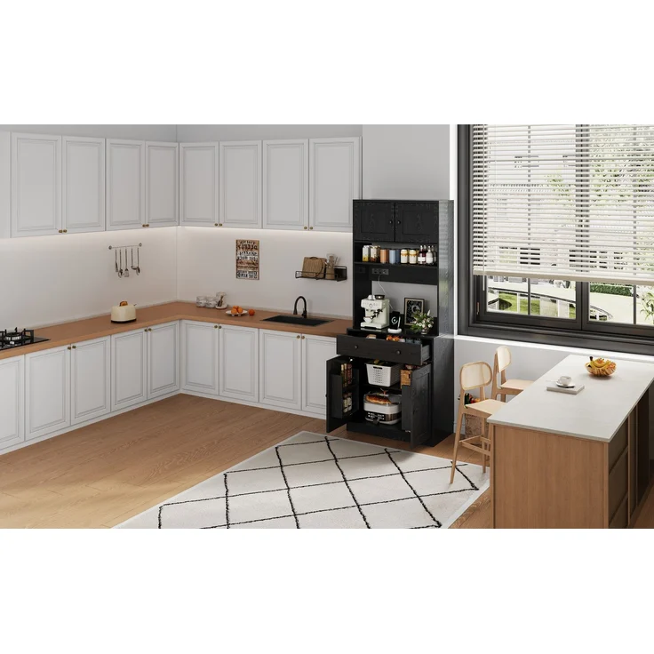 U-life Küchenschrank, fürs Wohnzimmer, Hochschrank mit LED, Küchenregal mit Steckdose, Gewürzregal, Durchdachtes Stauraumkonzept, MDF, Schwarz – Bild 2