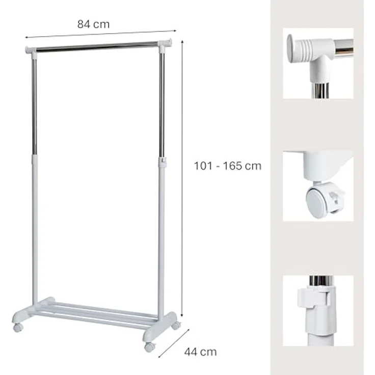 LOVE IT STORE IT Kleiderständer auf Rollen, Höhenverstellbar mit 1 Kleiderstange und Ablage, stabil, Weiß/Chrom – Bild 2