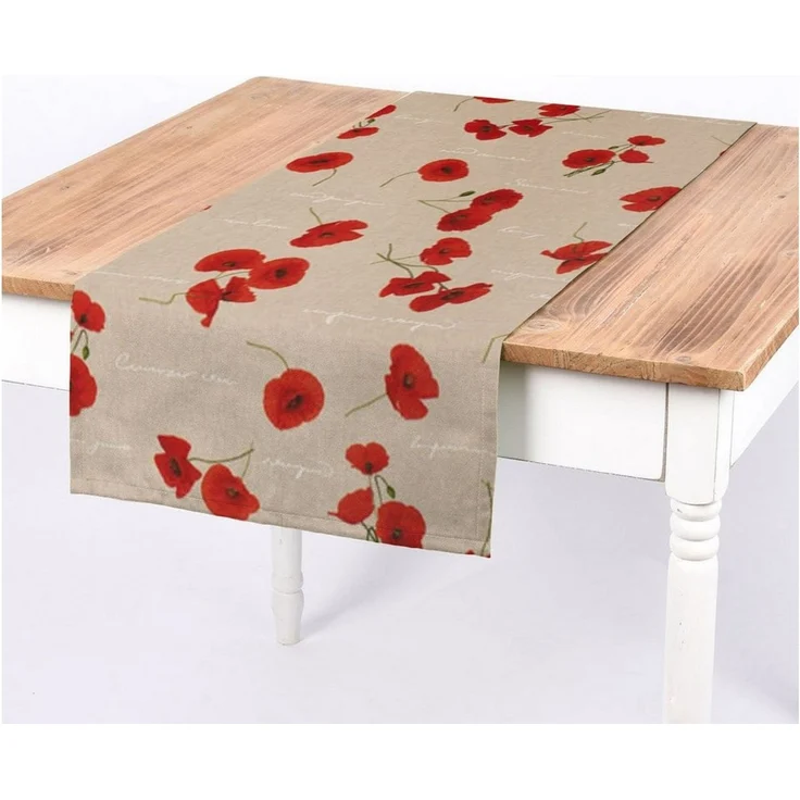 SCHÖNER LEBEN. Tischläufer SCHÖNER LEBEN. Tischläufer Mohnblumen Schriftzug natur rot grün weiß, handmade – Bild 1