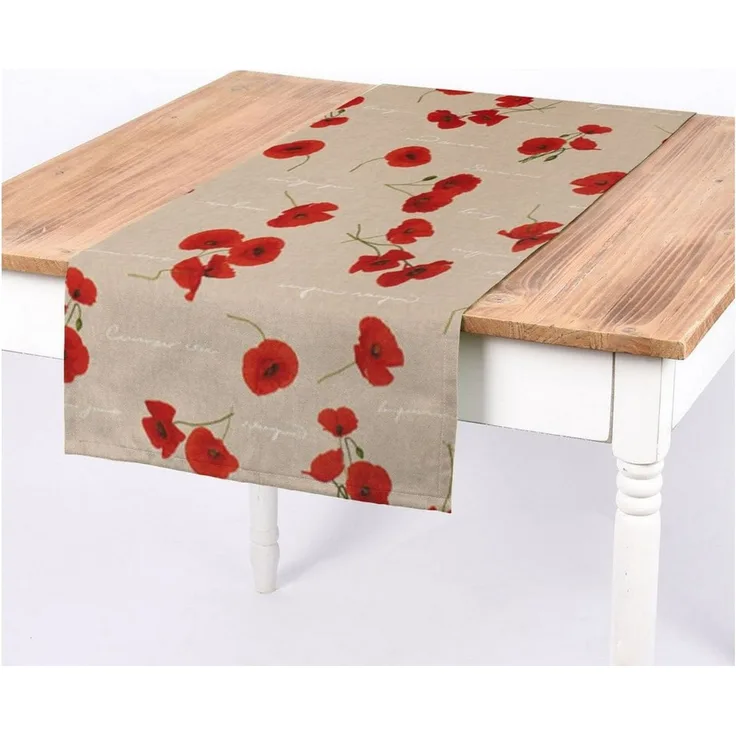 SCHÖNER LEBEN. Tischläufer SCHÖNER LEBEN. Tischläufer Mohnblumen Schriftzug natur rot grün weiß, handmade