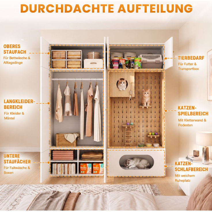 Kleiderschrank mit Katzenkletterwand 180 x 50 x 200 cm in Weiß und Holzoptik – Bild 8