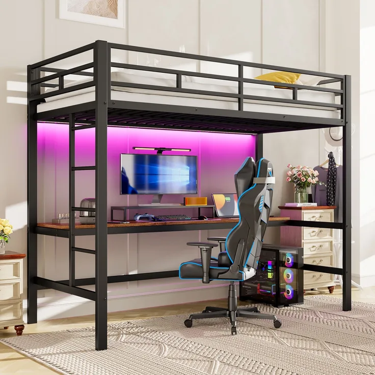 Bett 90x200 cm aus Metall als Hochbett mit Schreibtisch und LED-Beleuchtung, mit USB- und Type-C-Anschlüssen