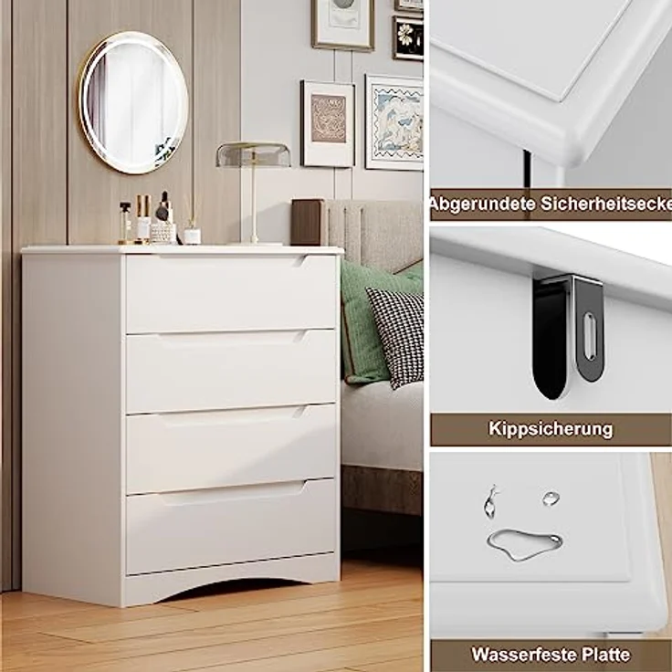 Bealife Kommode Weiß, Schlafzimmer Kommode mit 4 Geräumige Schubladen, Schrank mit Schubladen mit Ausgeschnittenen Griffen und Kippsicherung, Schubladenschrank Ideal für Wohnzimmer, Büro – Bild 6