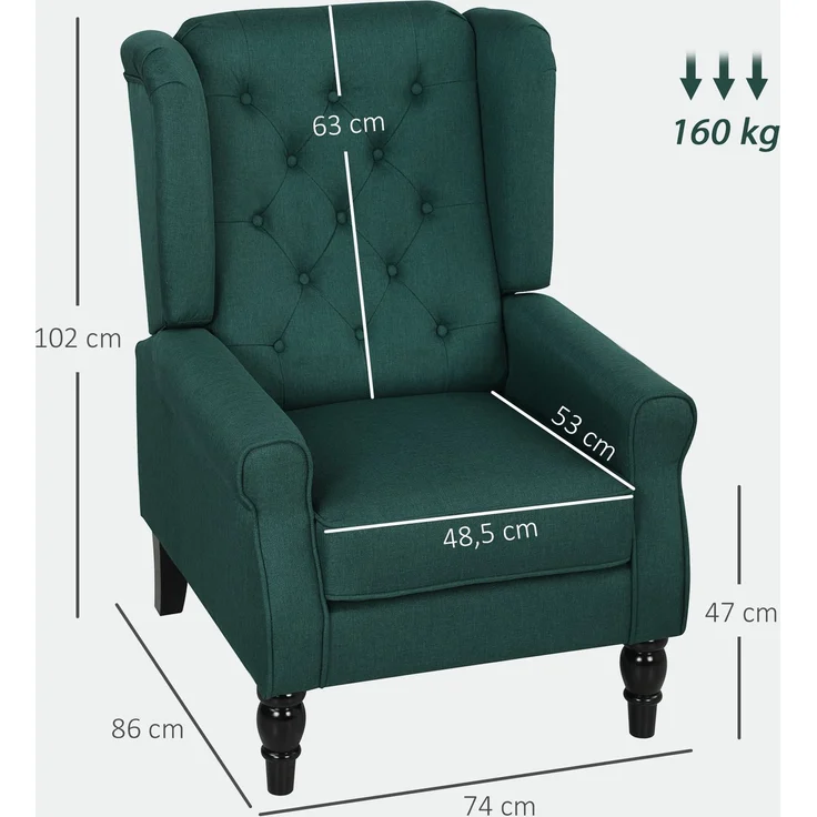 Wohnora-Eleganter Ohrensessel, dick gepolstert, abnehmbarer Bezug, 74 x 86 x 102 cm, Dunkelgrün,H 102cm x T 86cm x B 74cm – Bild 5