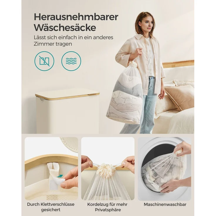 SONGMICS Wäschekorb mit Deckel und herausnehmbarem Wäschesack, zusammenklappbar, Bambus / Oxford-Gewebe cremeweiß, 150 l – Bild 2