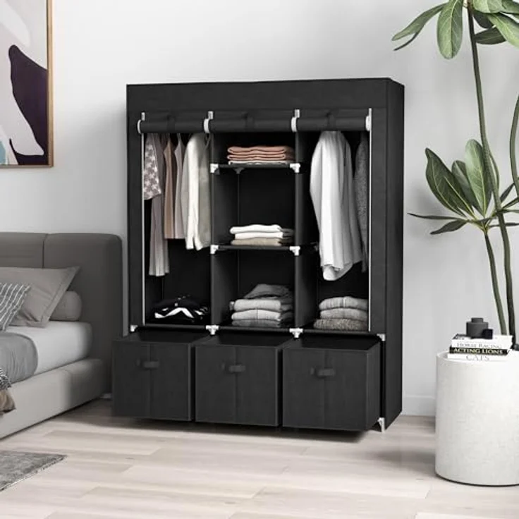 HOMCOM Stoffschrank Kleiderschrank mit Kleiderstangen und Schubladen (Faltbare Garderobe, 1-St, Faltschrank) Schwarz, 125 x 43 x 162,5 cm – Bild 3