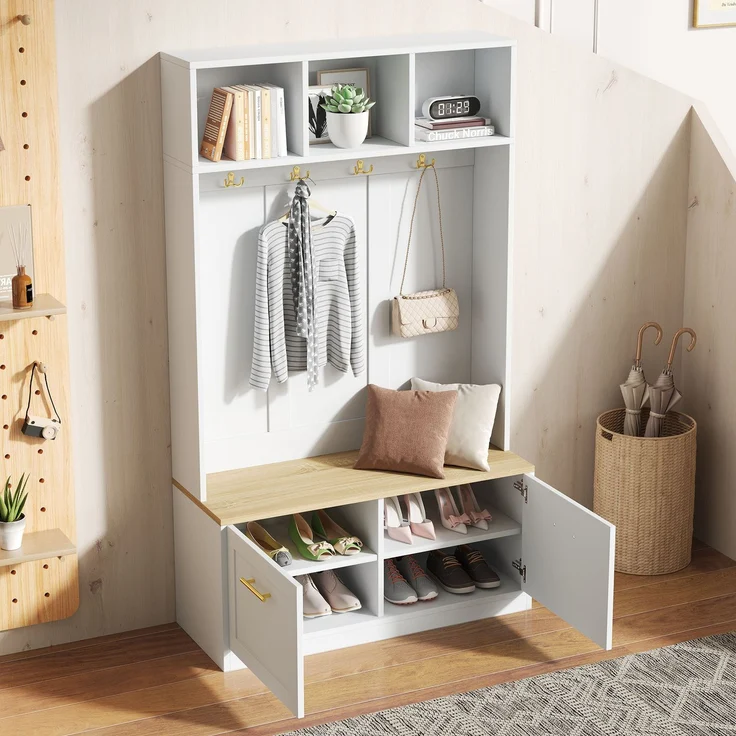 Garderobenset mit Sitzbank, offenem Stauraum und 2 Türen – Kompaktgarderobe mit 4 Haken, in Natur & Weiß, Maße 105 × 40 × 180 cm--Natur + Weiß--105x40x180cm--YOUDENOVA – Bild 5