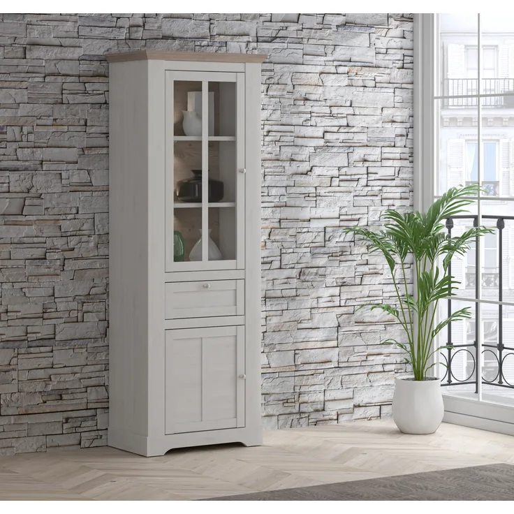 FORTE Iloppa Vitrine mit LED Beleuchtung, Holzwerkstoff, Grau/Weiß, 75,6 x 209,8 x 44,3 cm