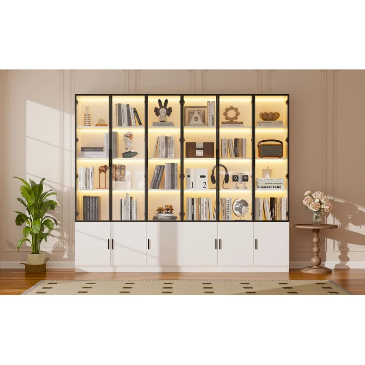 240*32*200cm Vitrine, Standvitrine mit 12 Schranktüren, Hochschrank, Glasvitrine mit LED, Wohnzimmerschrank 240 cm breit, Multifunktionsschrank, Großer Schrank, Weiß--Weiß--240x32x200cm--YOUDENOVA – Bild 3