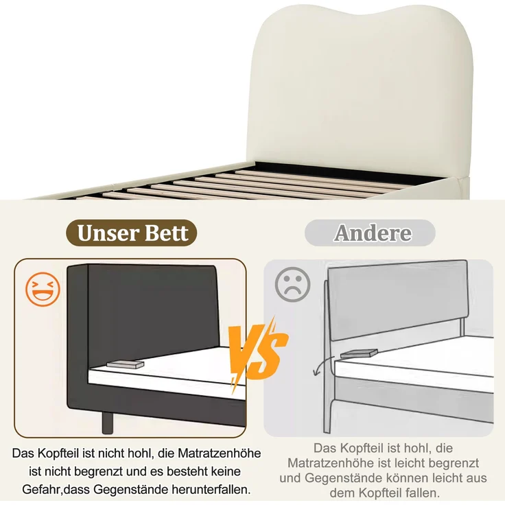 CHICFURN Polsterbett aus Samt Beige 90x200 cm mit hydraulischem Bettkasten und Lattenrost – Bild 6