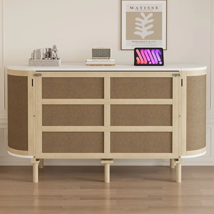 Wandschrankbett 140x200 cm, klappbar, mit Staufächern und Rattan-Front in Naturholz/Weiß – Bild 2