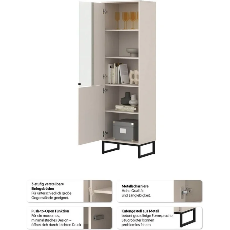 OTTO home Vitrine Loft, Höhe 180 cm, moderne Standvitrine mit 2 Türen, Metallkufen Hochschrank mit viel Stauraum, Glastür und verstellbaren Einlegeböden – Bild 3