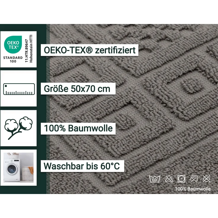 ZOLLNER 2er Set Badematte Badvorleger mit Waffelmuster, 100% Baumwolle, 50x70 cm, grau – Bild 2