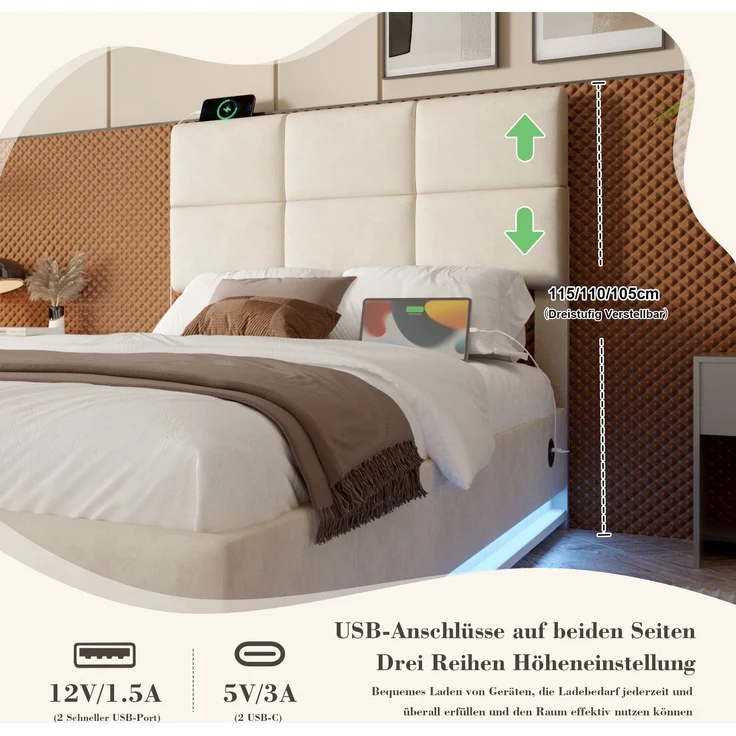 TavilaEcon Boxspringbett Modernes Polsterbett mit höhenverstellbarem Kopfteil & LED-Beleuchtung beige Liegefläche 90 × 200 cm – Bild 4