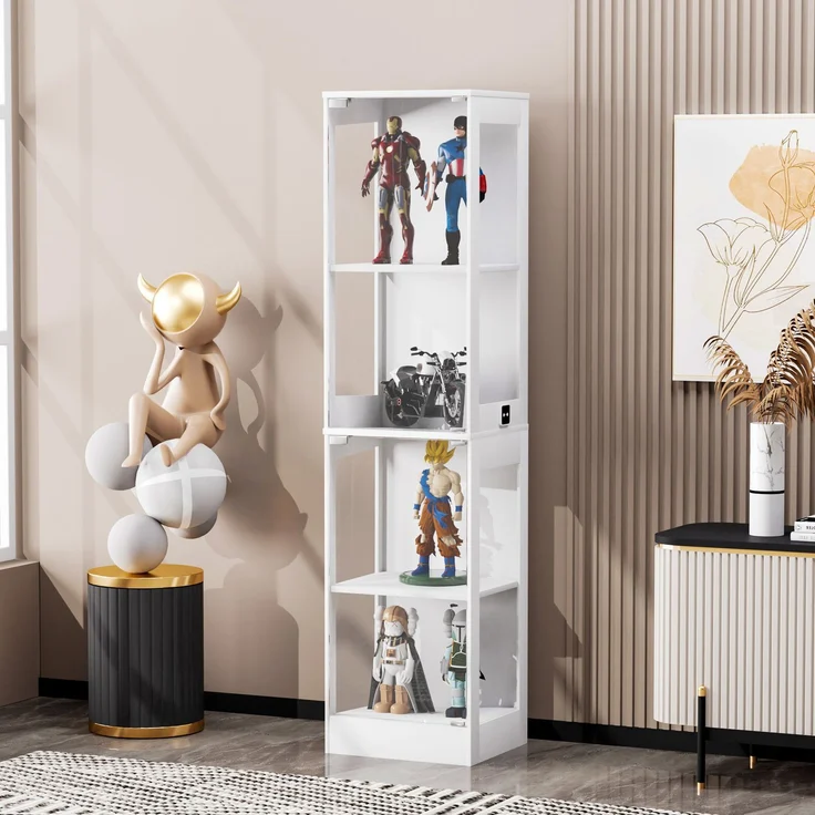 Vierstöckige Glasvitrine mit Stauraum, LED-Beleuchtung, Glastüren und intelligenten Sensoren, Als staubdichte Glasvitrine für Wohnzimmer, Schlafzimmer und Büros geeignet, Weiß. 40*35*165cm--Weiß--40x35x165cm--YOUDENOVA – Bild 2