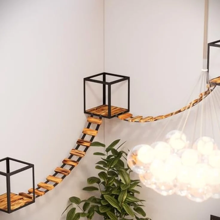 QLS Katzen-Kletterwand LOFT Wand- & Deckenmontage, Set Aus Metall pulverbeschichtet und Holz Geflammt 15 Teilig – Bild 6