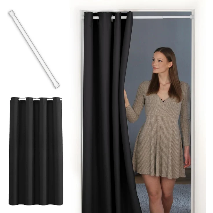 tinycurtains Türvorhang mit Stange weiß 55-90 cm ohne Bohren, Thermo Vorhang Tür, Ösen, abdunkelnd, Polyester, blickdicht, Schwarz Eclipse, Türgardine mit Klemmstange verdunkelnd