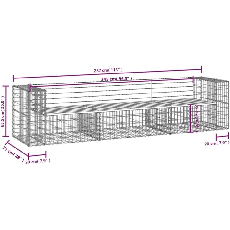 DELUKE® Gartenbank Gabionen INO aus Stahl 287x71x65,5cm Massivholz Douglasie Gabionenbank Gartenbank mit Sitzfläche aus Gabionen Steinkorb Gabionengitter Ziergabione Drahtkorb befüllbar – Bild 2