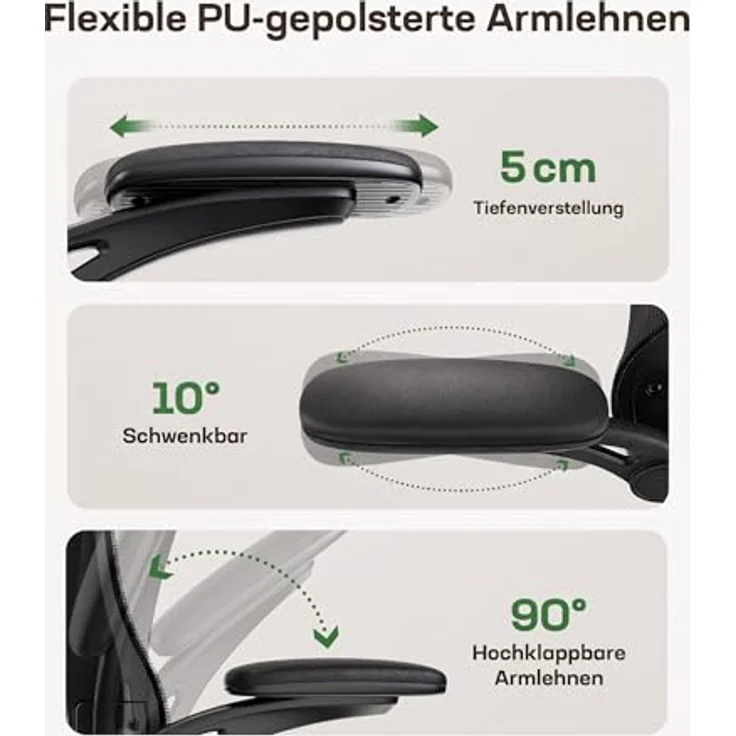 Marsail Bürostuhl Ergonomisch, Schreibtischstuhl mit 3D PU Armlehnen und Verstellbarer Lendenwirbelstütze, Drehstuhl Höhenverstellung und Wippfunktion, Chefsessel aus Mesh, Bis 136kg/300LBS – Bild 8