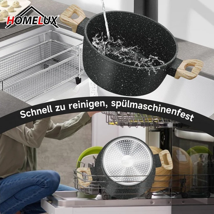 HOMELUX Topf-Set Kochgeschirr-Set, 12tlg Induktions Töpfe Set, Antihaftbeschichtung, Aluminium, Edelstahl (Pfanne 24/28cm, Tiefe Bratpfanne 28cm, Topf mit Dampfgarer 24cm, Milchtopf 16cm), Induktion – Bild 2
