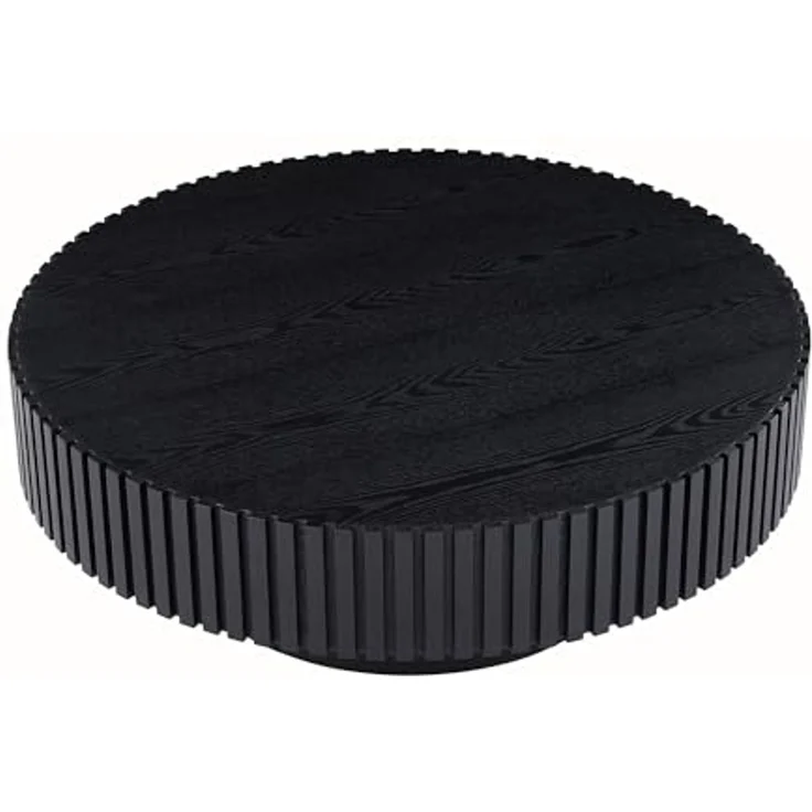 NJLyuhome Black Round Coffee Table with Grooved Edge, Solid Wood Detail, Modern Side Table for Living Room – Bild 3